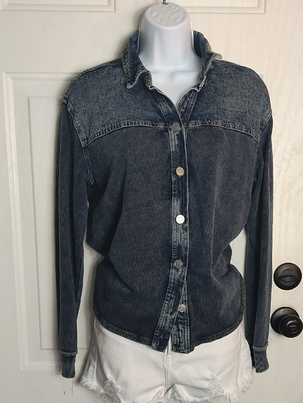 Washed Black Button-Down Shirt Jacket for Women